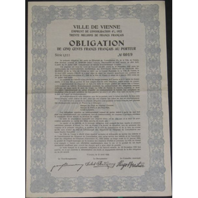 Ville de Vienne - Emprunt de Consolidation 4 % 1923 (500 F)
