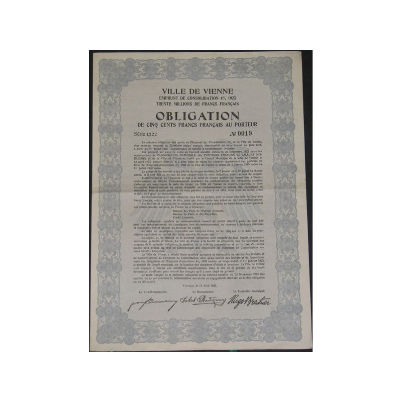 Ville de Vienne - Emprunt de Consolidation 4 % 1923 (500 F)