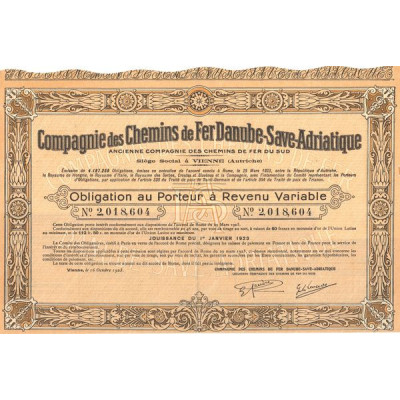 Cie des Chemins de Fer Danube-Save-Adriatique - Ancienne Cie des Chemins de Fer du Sud (Obl Revenu Variable)
