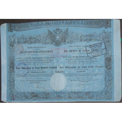 Sté Autrichienne Impériale Royale Privilégiée des Chemins de Fer de l'Etat (Obl 500 F) (Emission 100 000 Obl)