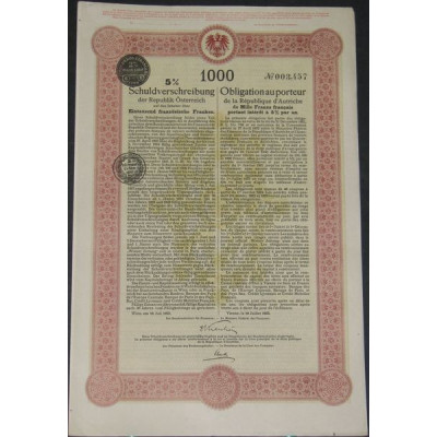 Obligation de la République d'Autriche 5 % 1923 (1000 F)