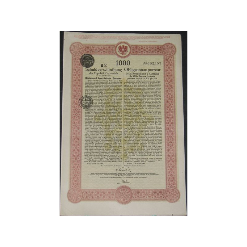 Obligation de la République d'Autriche 5 % 1923 (1000 F)
