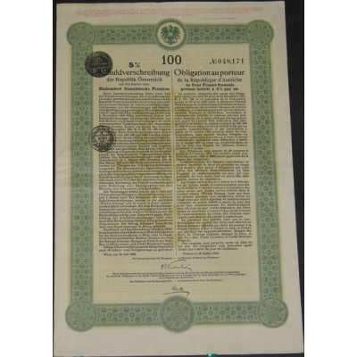 Obligation de la République d'Autriche 5 % 1923 (100 F)