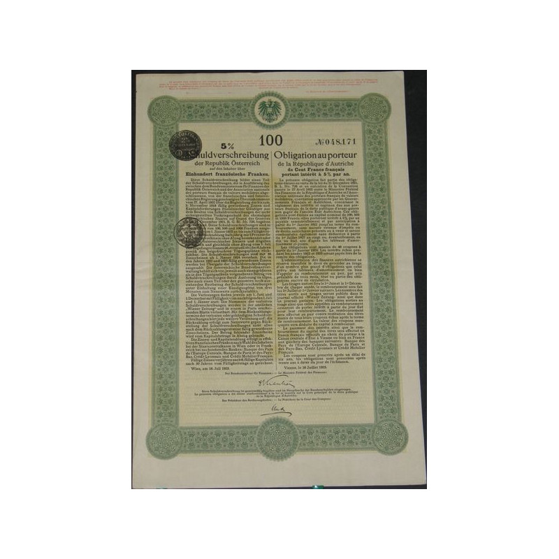 Obligation de la République d'Autriche 5 % 1923 (100 F)