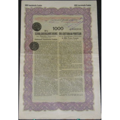 Obligation au porteur de la République d'Autriche 5 % 1000 F