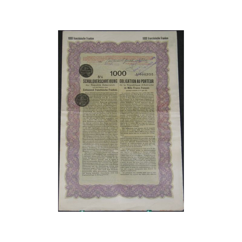 Obligation au porteur de la République d'Autriche 5 % 1000 F