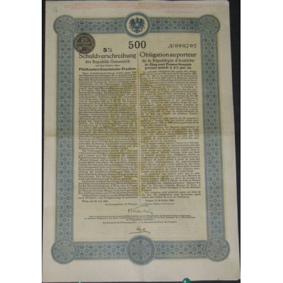 Obligation au porteur de la République d'Autriche 5 % 500 F (1)