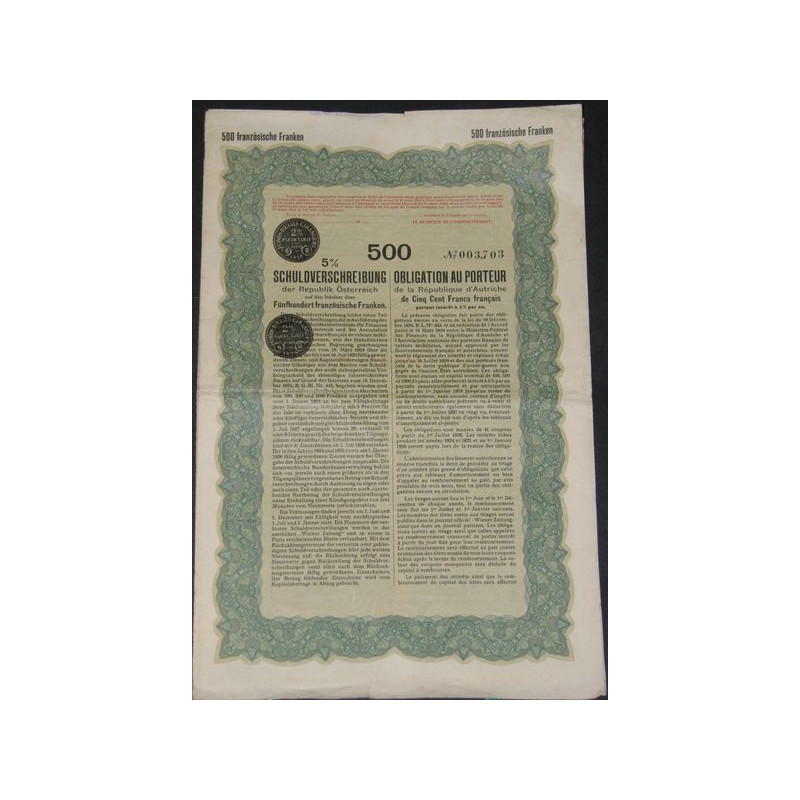 Obligation au porteur de la République d'Autriche 5 % 500 F (2)