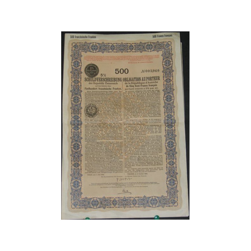 Obligation au porteur de la République d'Autriche 5 % 500 F (3)