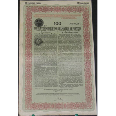 Obligation au porteur de la République d'Autriche 5 % 100 F (2)