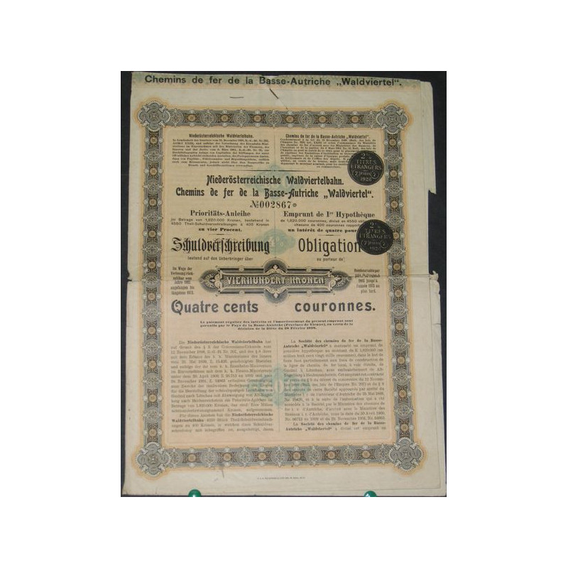 Chemins de Fer de la Basse-Autriche "Waldviertel" - Emprunt de 1re Hypothèque