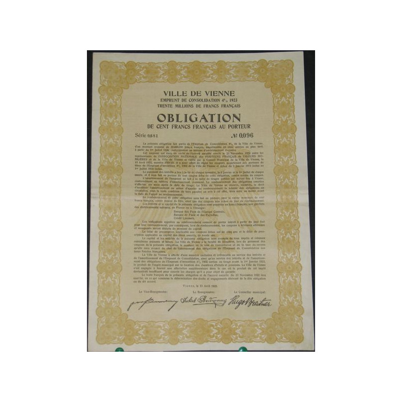 Ville de Vienne - Emprunt de Consolidation 4 % 1923 (100 F)