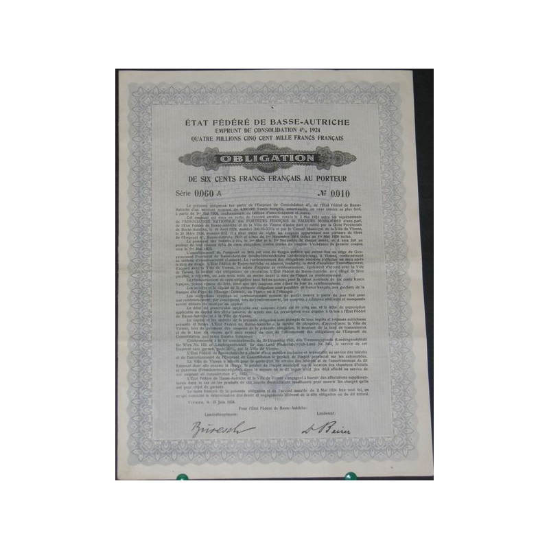 Etats Fédérés de Basse-Autriche - Emprunt de Consolidation 4 % 1924 (Obl 600 F)