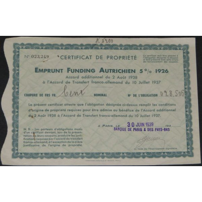 Emprunt Funding Autrichien 5 % 1926