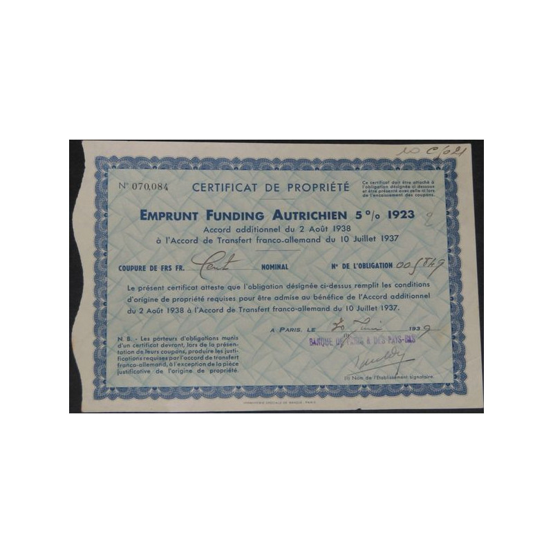 Emprunt Funding Autrichien 5 % 1923