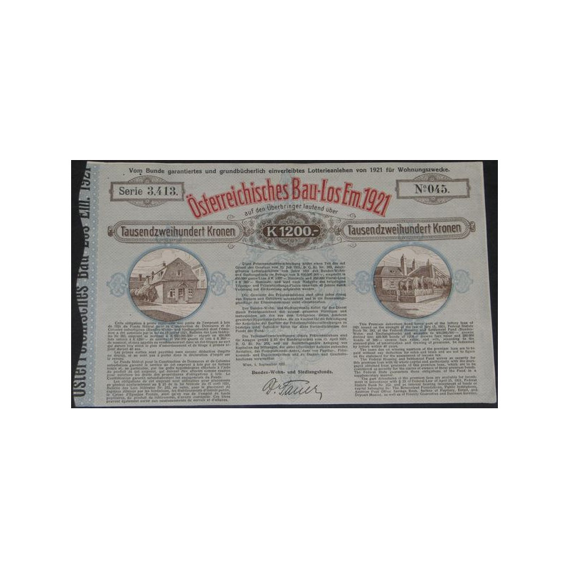 Österreichisches Bau-Los Em.1921 auf den Überbringer lauted über 1200 Kr