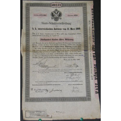 Staats-Schuldverschreibung der k.k. österreichischen Anlehens vom 15. März 1860