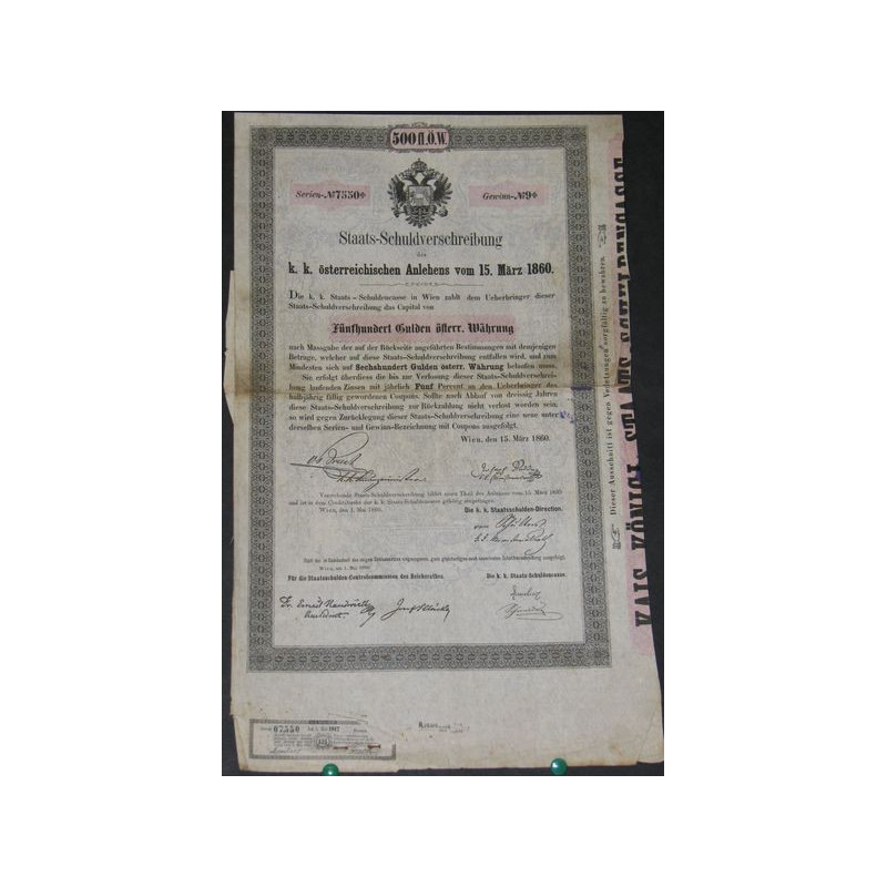 Staats-Schuldverschreibung der k.k. österreichischen Anlehens vom 15. März 1860