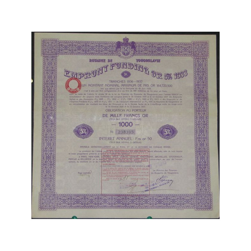 Royaume de Yougoslavie - Emprunt Funding Or 5 % 1933 (1000 F Or)