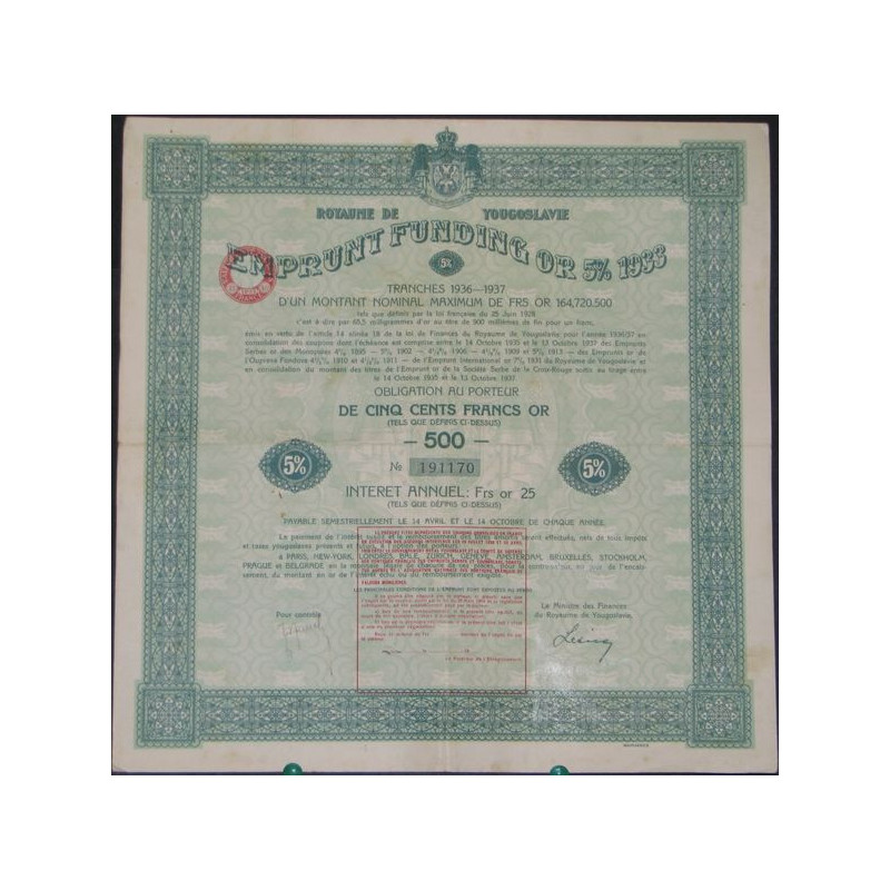 Royaume de Yougoslavie - Emprunt Funding Or 5 % 1933 (500 F Or)
