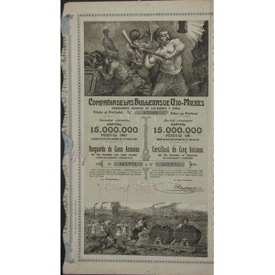 Cia de las Hulleras de Ujo-Mieres (Concesiones Riunidas de Ujo-Mieres y Riosa) (Certif 5 Act 25 Pesetas)