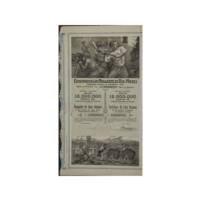 Cia de las Hulleras de Ujo-Mieres (Concesiones Riunidas de Ujo-Mieres y Riosa) (Certif 5 Act 25 Pesetas)