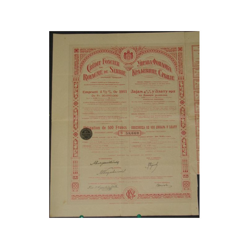 Crédit Foncier du Royaume de Serbie - Emprunt 4 1/2 % Or 1911