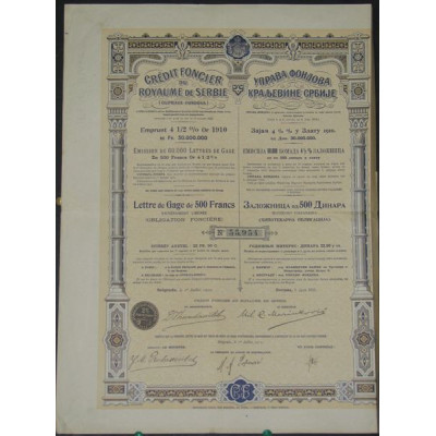 Crédit Foncier du Royaume de Serbie - Emprunt 4 1/2 % Or 1910