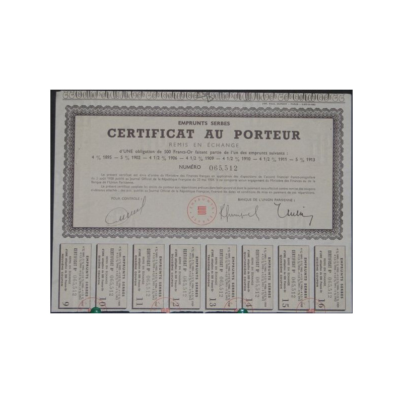 Emprunts Serbes - Certificat remise en échange de 1 oblig. 500 F Or