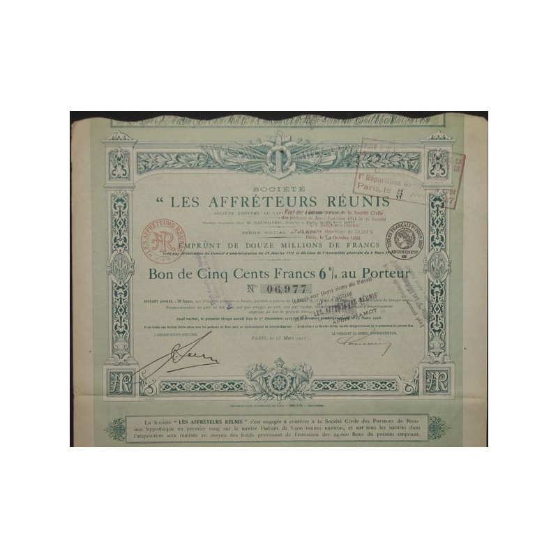 Sté "Les Affréteurs Réunis" (Bon 500 F - 1917)