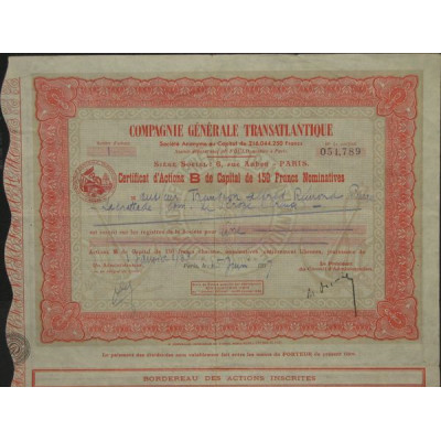Cie Générale Transatlantique (Certif d'Act B de Capital 150 F)