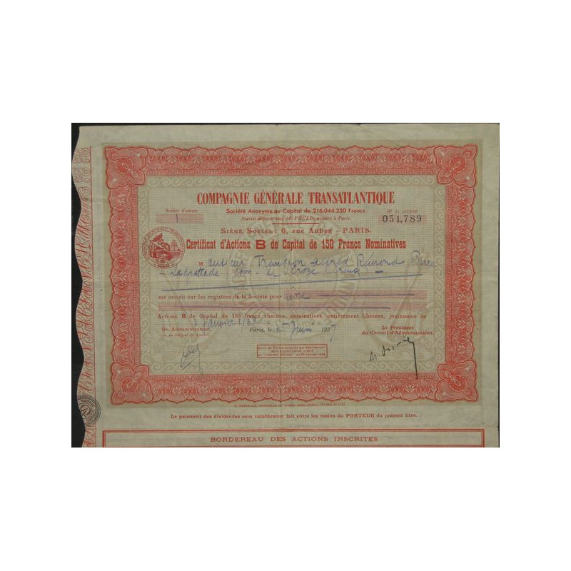 Cie Générale Transatlantique (Certif d'Act B de Capital 150 F)