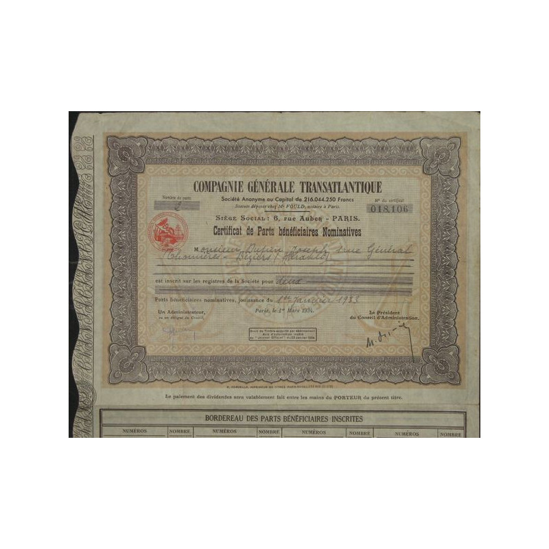 Cie Générale Transatlantique (Certif PB Nomin)