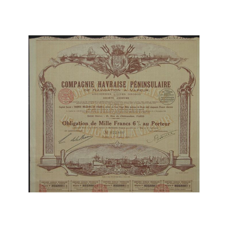 Cie Havraise Péninsulaire de Navigation à Vapeur - Anciennes Lignes Grosos (Obl 1000 F 6%)