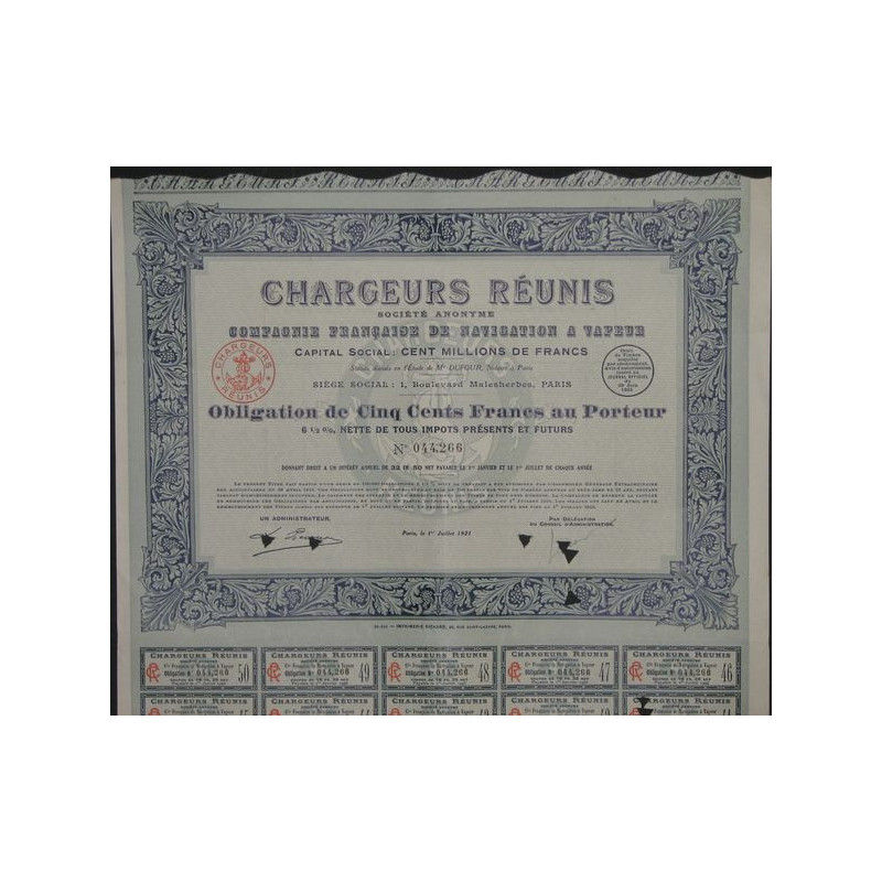 Chargeurs Réunis - Cie Française de Navigation à Vapeur (Obl 500F)