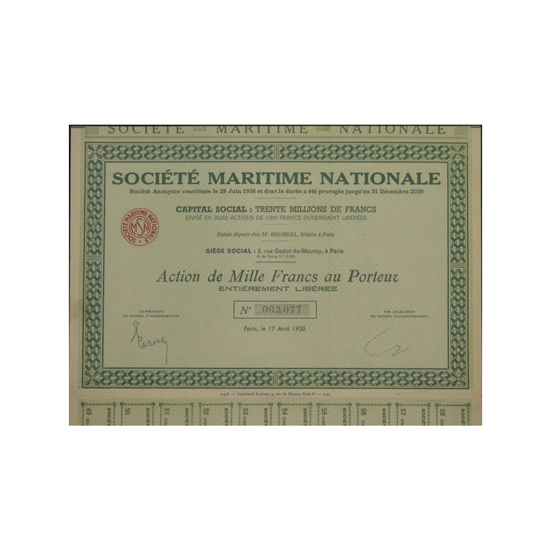 Sté Maritime Nationale (1000 F)