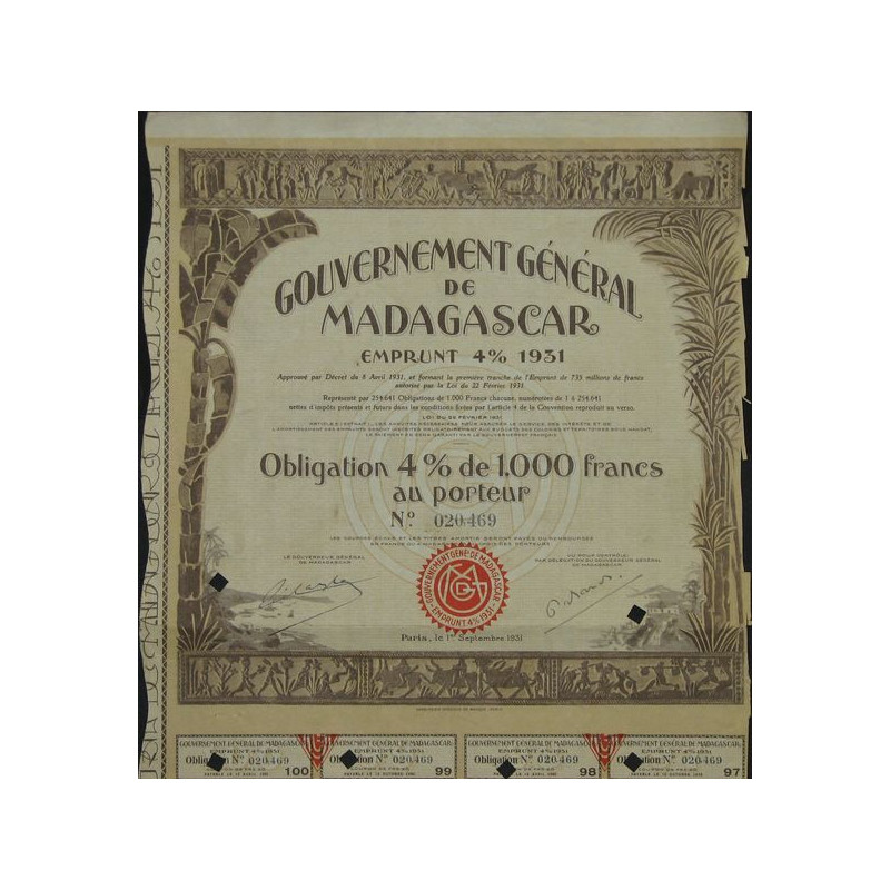 Gvt Général de Madagascar - Emprunt 4 % 1931