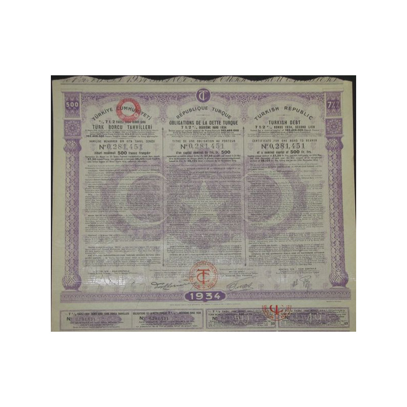 Obligations de la Dette Turque 7 ½ % 2ème rang 1934