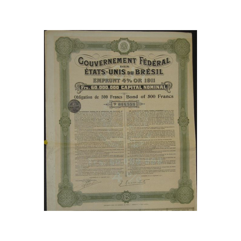 Gvt Fédéral des Etats-Unis du Brésil - Emprunt 4 % Or de 1911