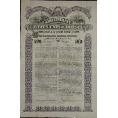 Gvt Fédéral des Etats-Unis du Brésil - Emprunt 5 % Or de 1909 - Port de Pernambuco