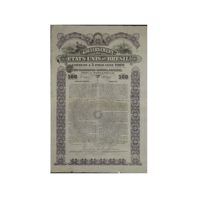 Gvt Fédéral des Etats-Unis du Brésil - Emprunt 5 % Or de 1909 - Port de Pernambuco