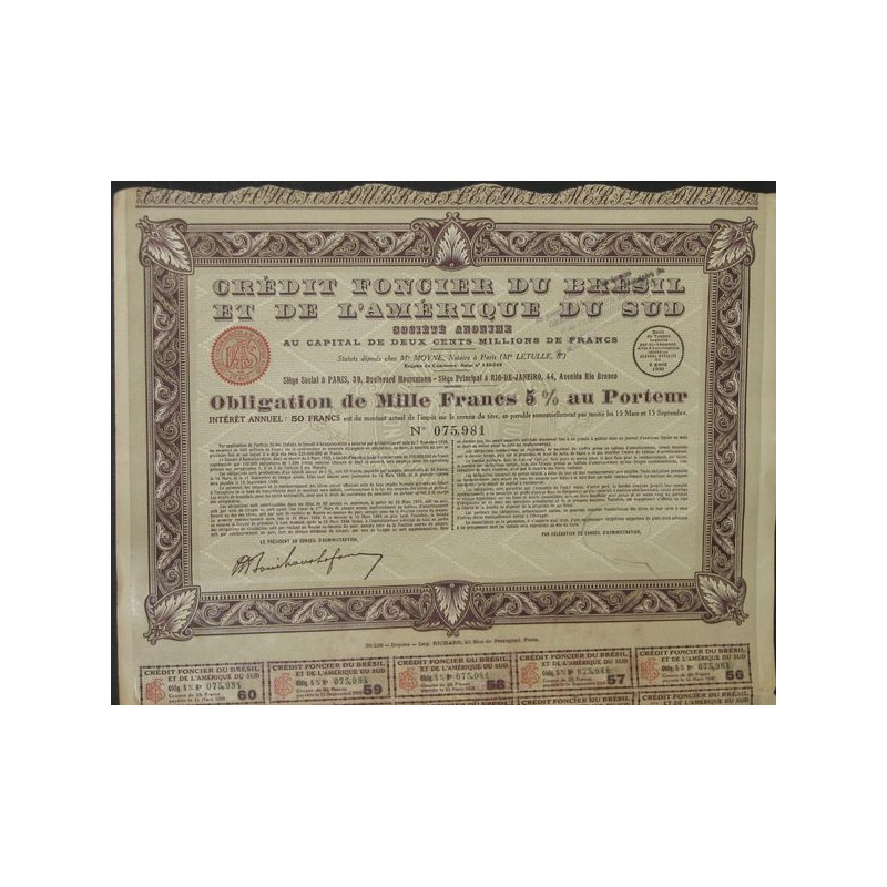 Crédit Foncier du Brésil et de l'Amérique du Sud (Obl 1000 F 5 % 1930)(modèle 2)