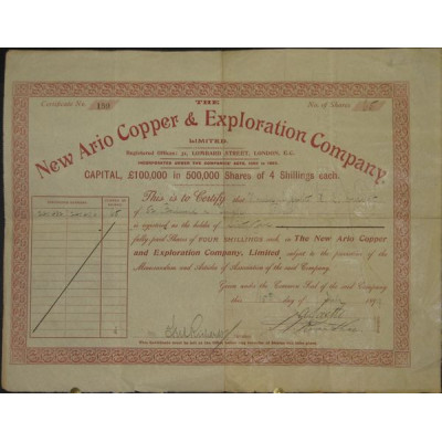 The New Ario Copper & Exploration Cy (Titre Nomin d'Act de 5 shillings)