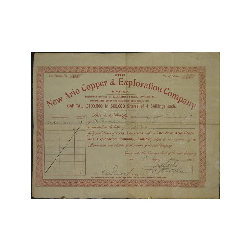 The New Ario Copper & Exploration Cy (Titre Nomin d'Act de 5 shillings)