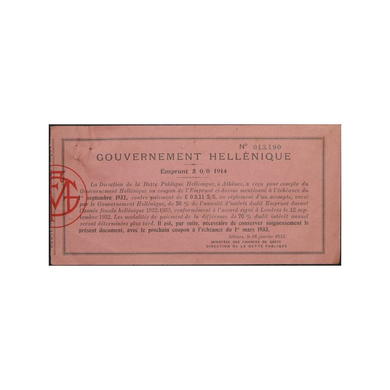Gvt Hellénique – Emprunt 5 % 1914