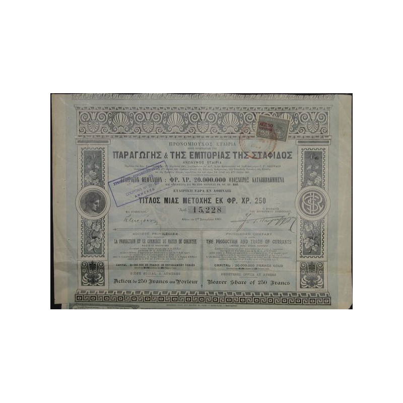 Sté privilégiée pour favoriser la Culture et le Commerce du Raisin de Corinthe (Act)