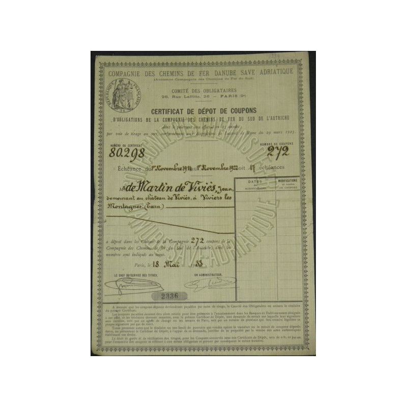 Cie des Chemins de Fer Danube Save Adriatique (Anc Cie des CDF du Sud)
