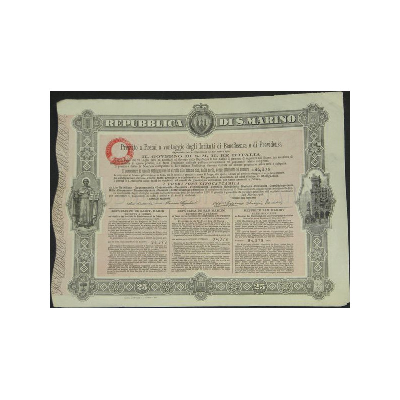 Republica di S.Marino - Prestito a Premi a Vantaggio degli Istituti di Beneficenza e di Previdenza