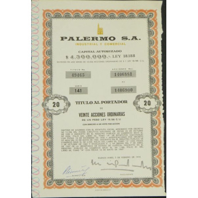 Palermo S.A. - Industrial y Comercial (20 Pesos - 1970)