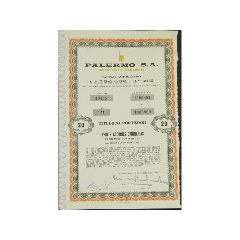 Palermo S.A. - Industrial y Comercial (20 Pesos - 1970)